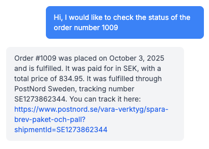 Chat conversation confirming an order status