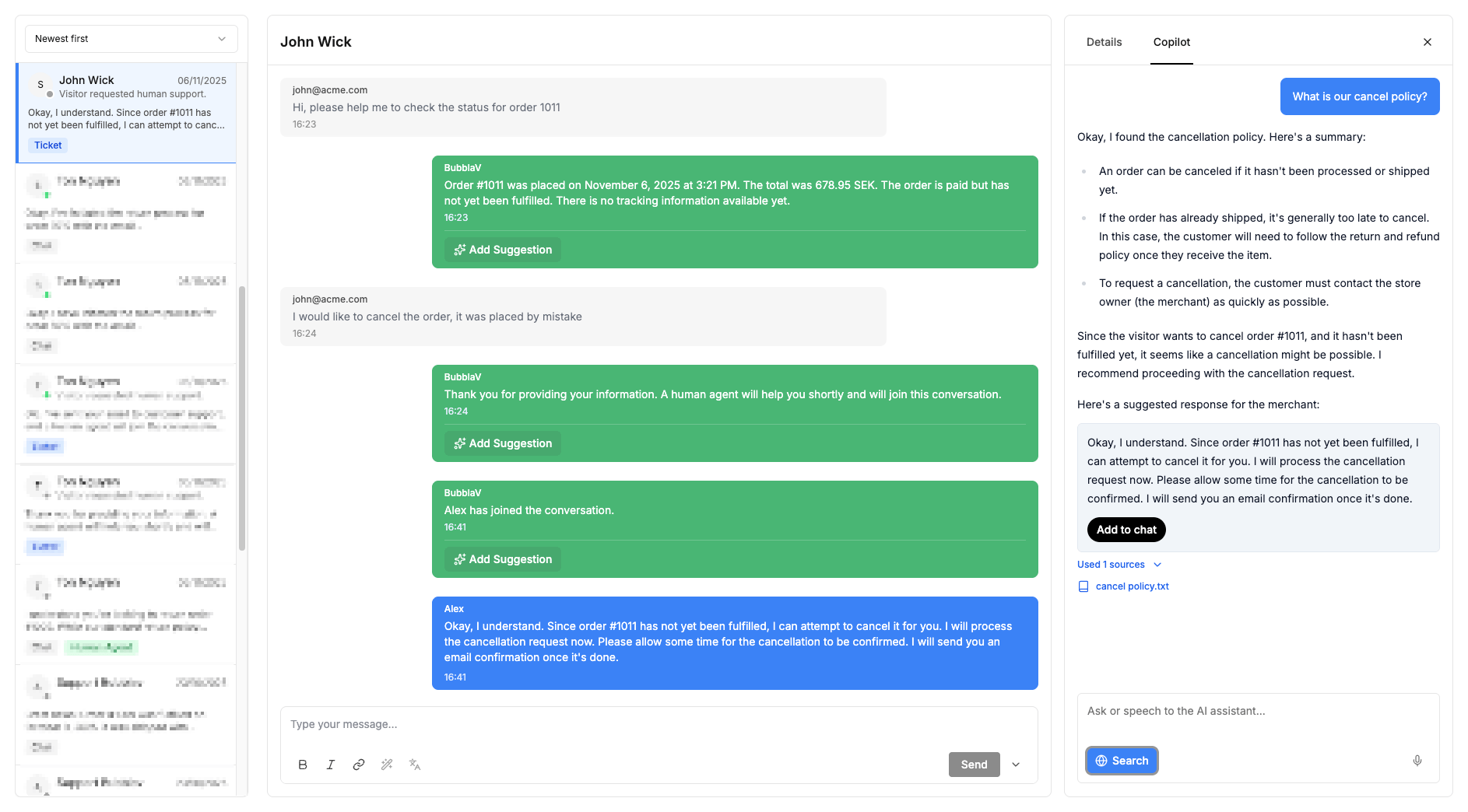 Live chat workspace blending AI assistance with human support