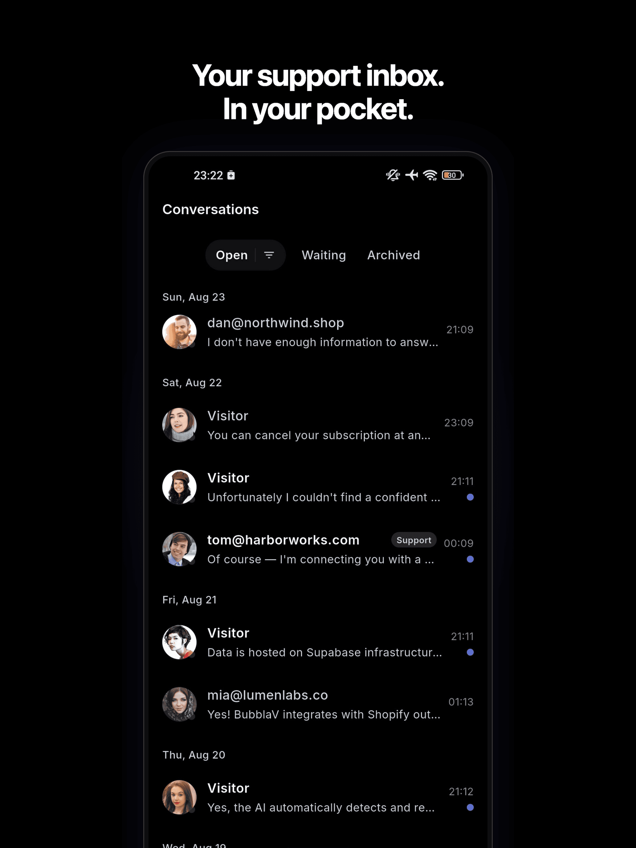 BubblaV mobile app — the conversations inbox with open, waiting, and archived filters