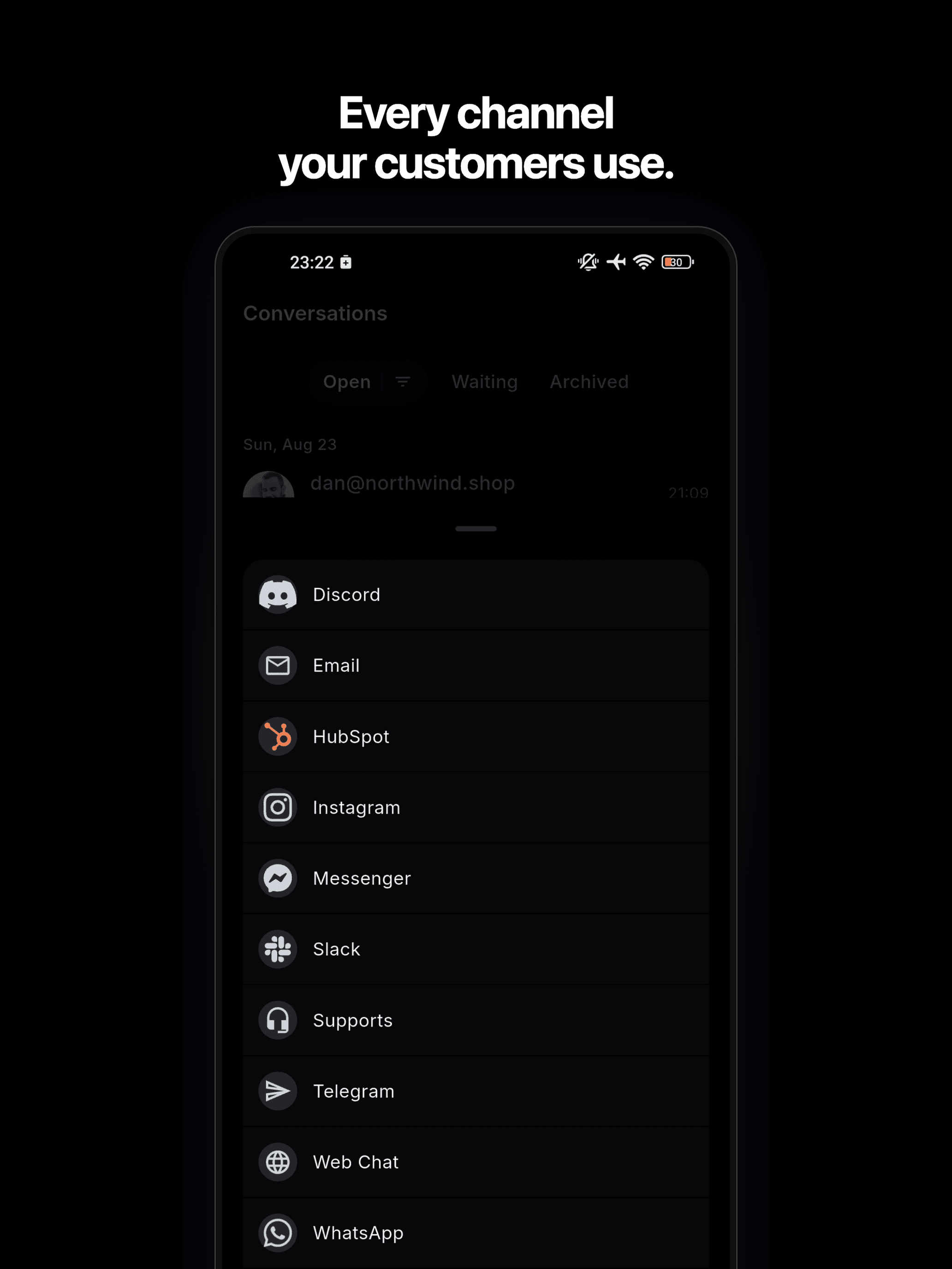 BubblaV mobile app — choosing which channels appear in the inbox