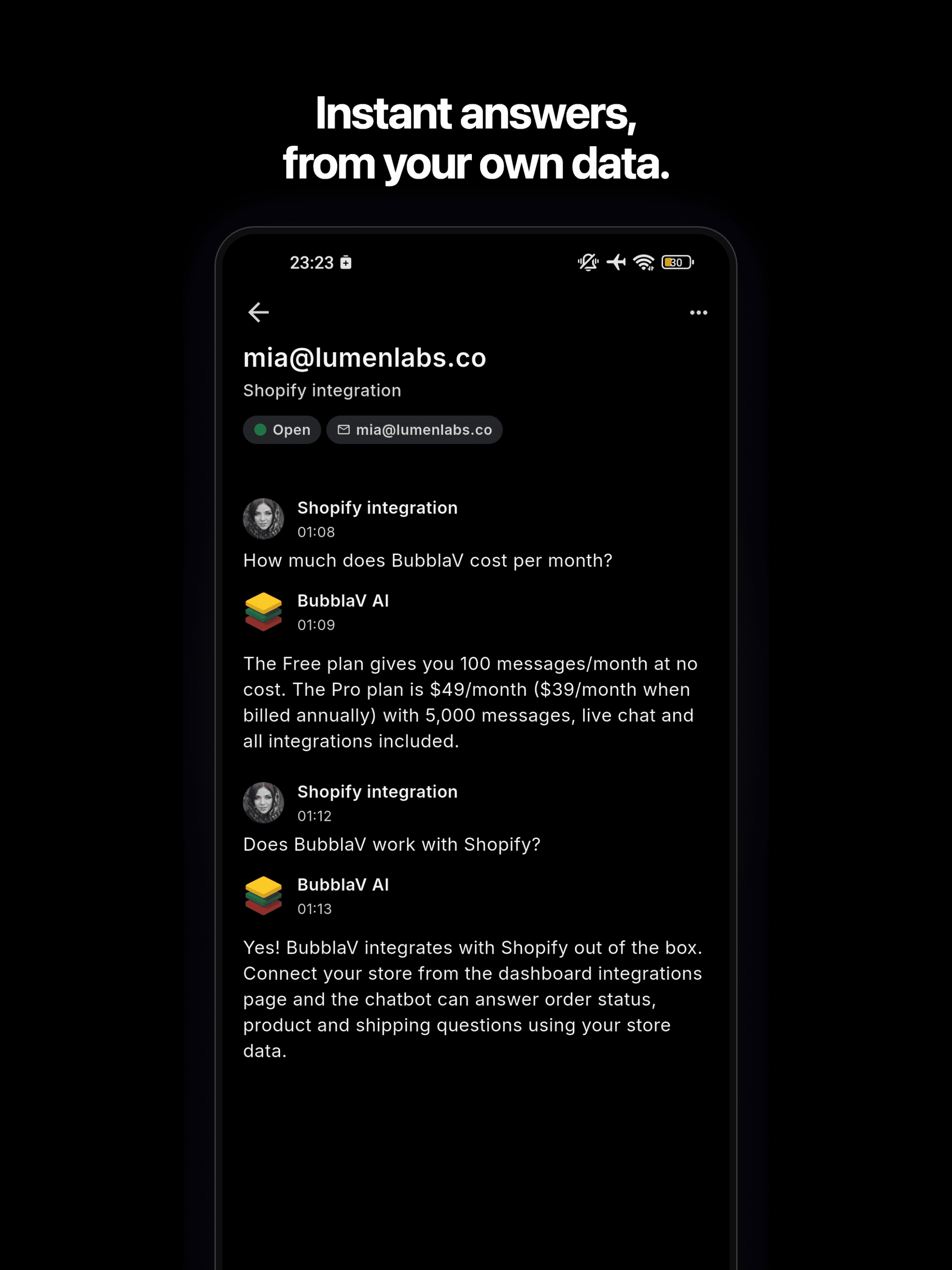 BubblaV mobile app — the AI chatbot answering from your own data
