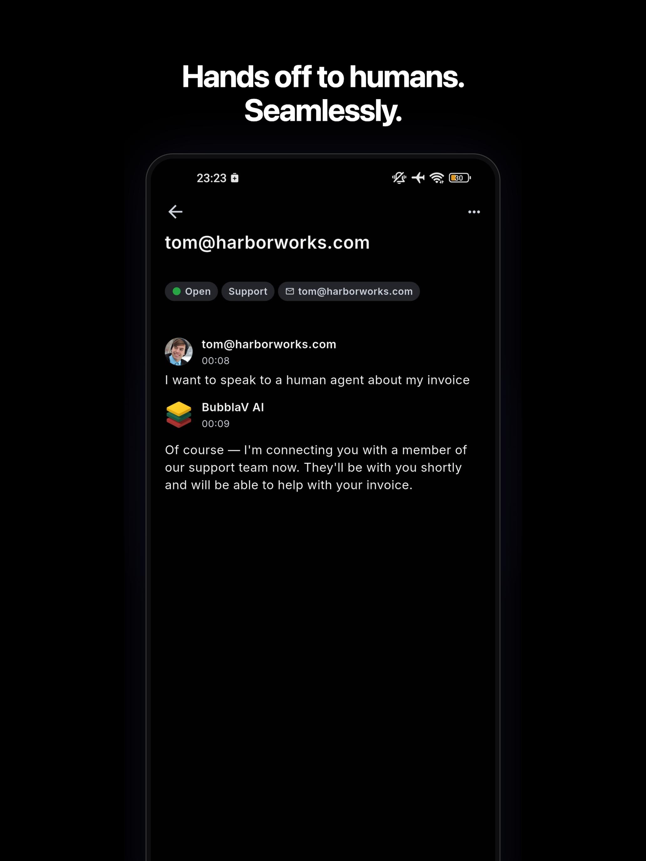 BubblaV mobile app — a customer handed off to a human agent