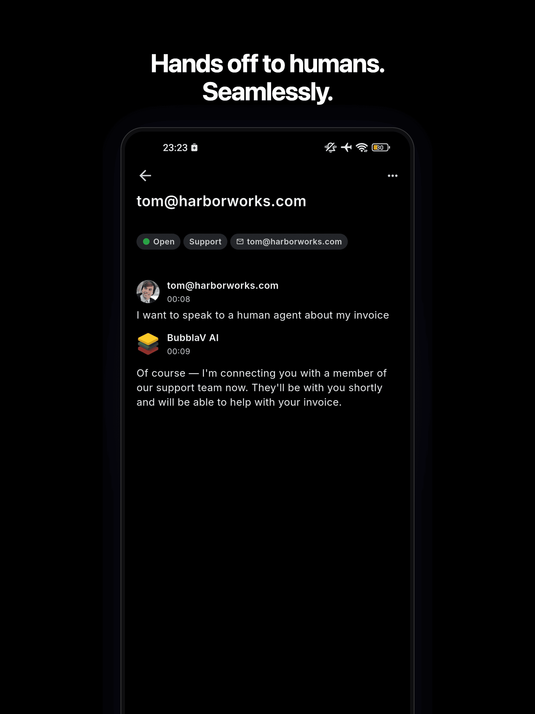 BubblaV mobile app — a customer handed off to a human agent