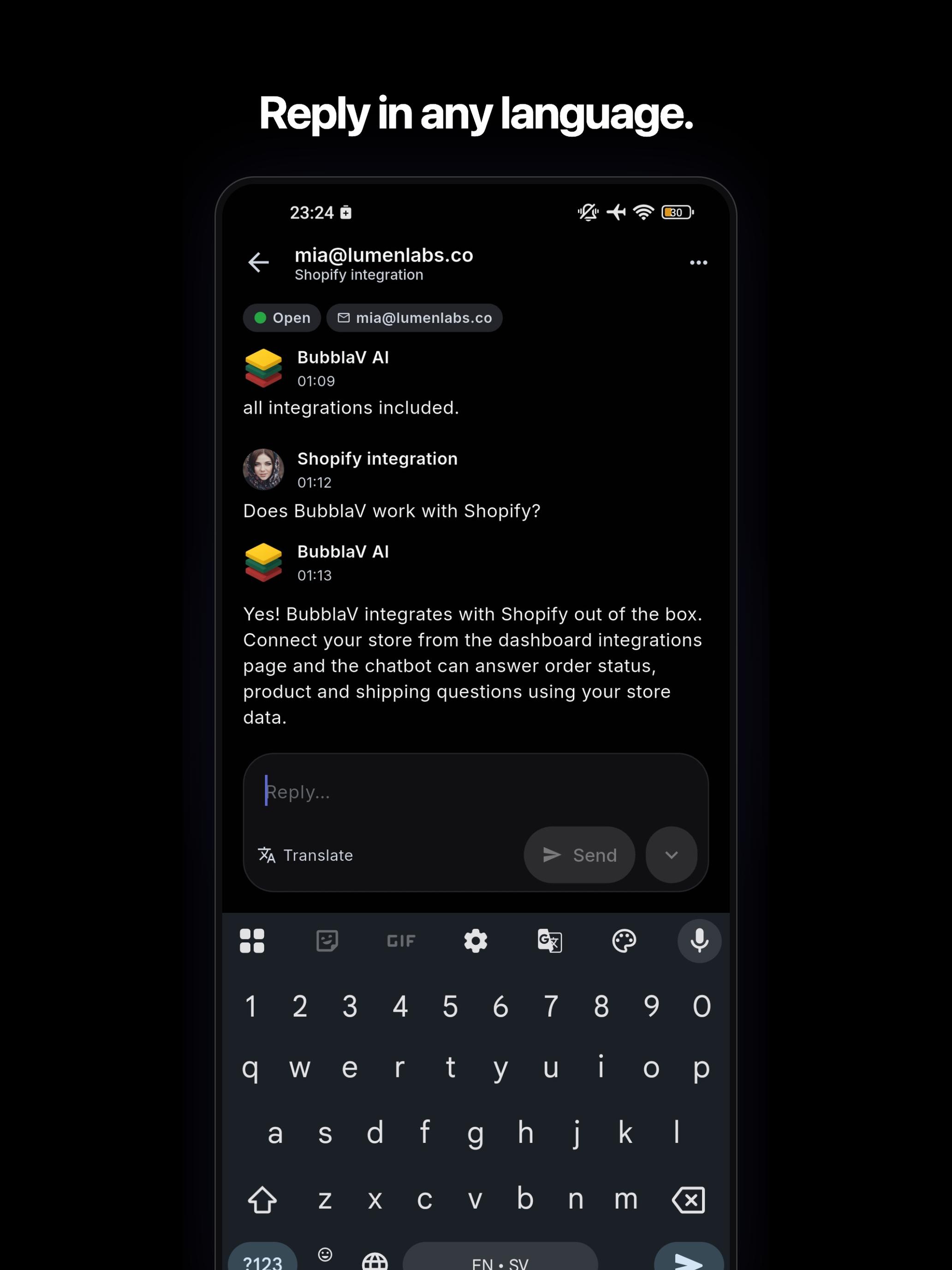 BubblaV mobile app — translating a reply before sending