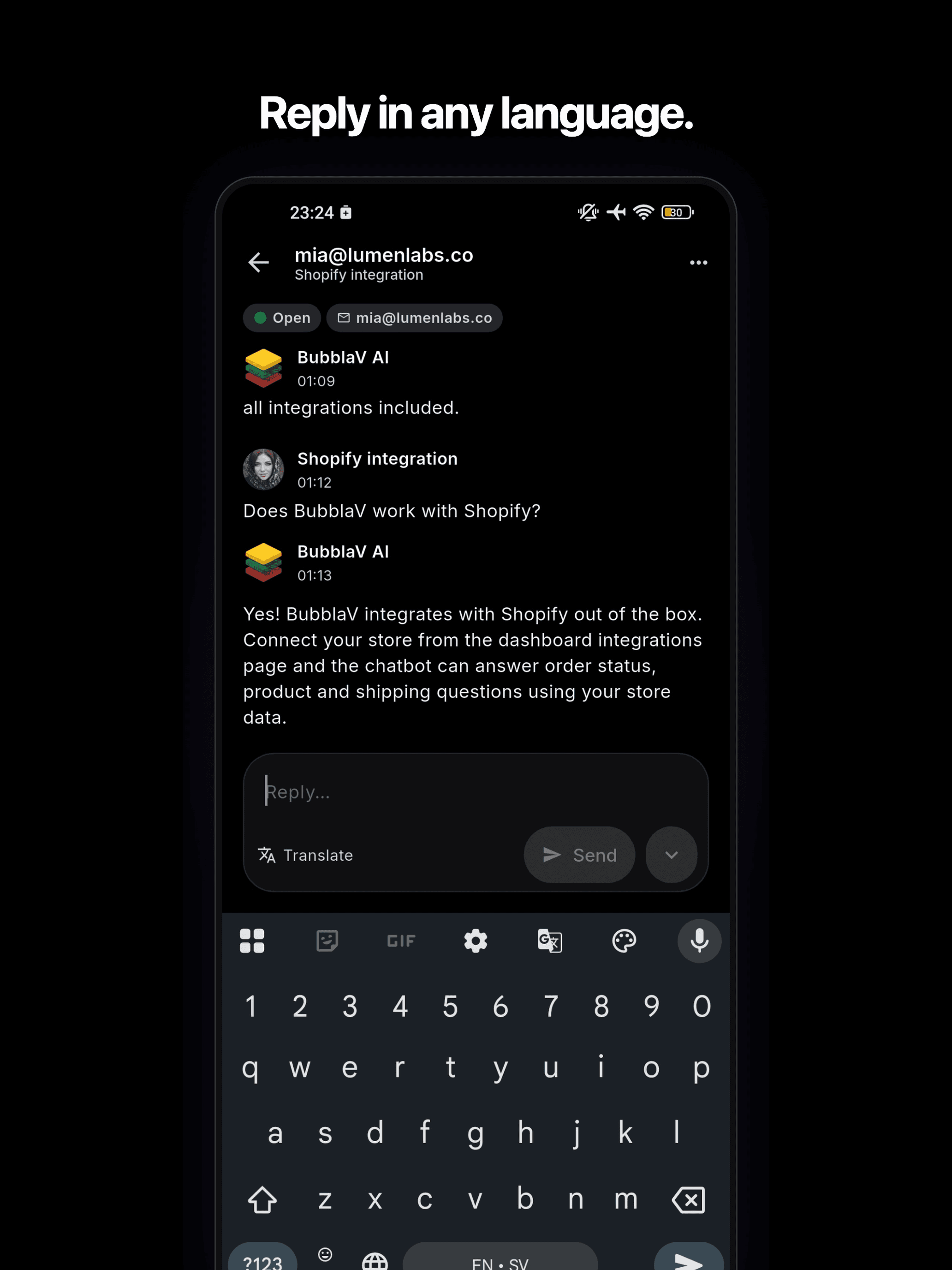 BubblaV mobile app — translating a reply before sending