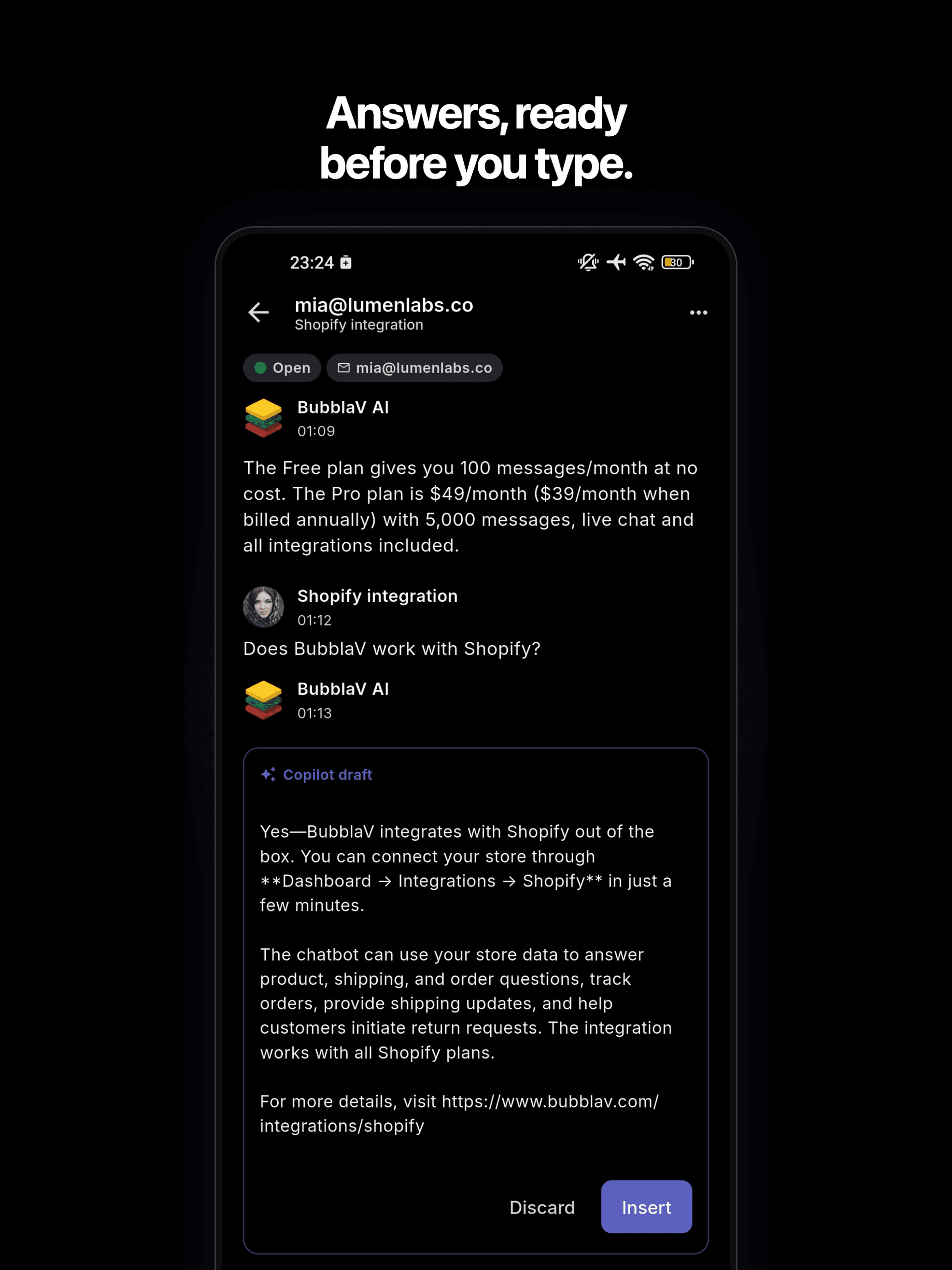 BubblaV mobile app — Copilot suggesting the next reply